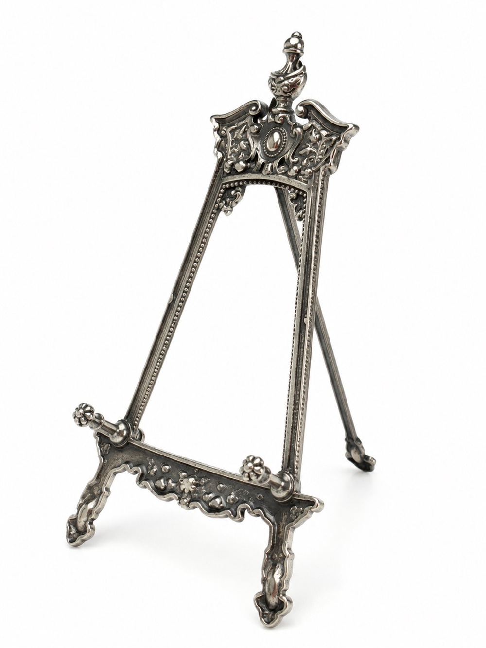Vintage Ornate Metal Display Easel Stand Made in Italy Silver Tone Decor